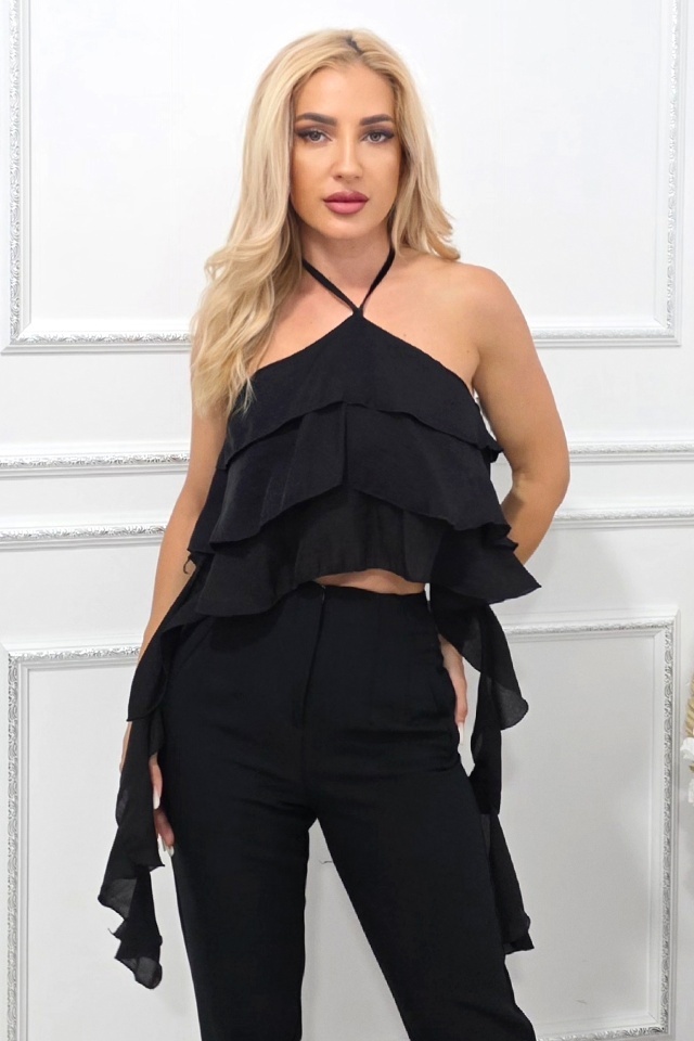 Top de seara Yuna, cu volane oversize asimetrice, Negru, Marime S/M Top de seara Yuna, cu volane oversize asimetrice, Negru, Marime S/M