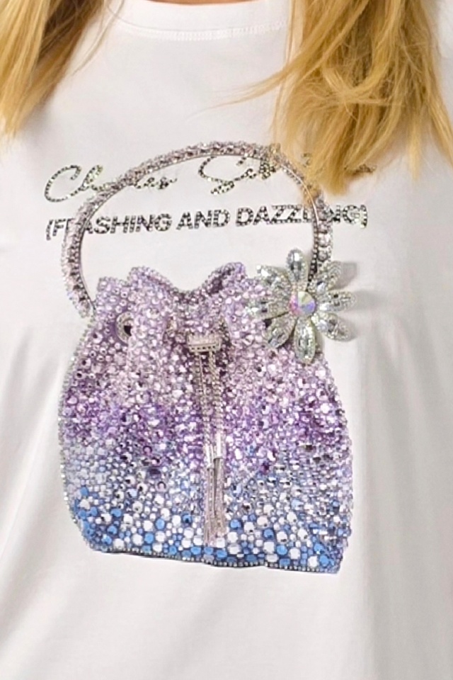 Tricou bumbac NOREA, cu imprimeu fashion si cristale, PURSE Alb, Marime S/M - 2 | YEO