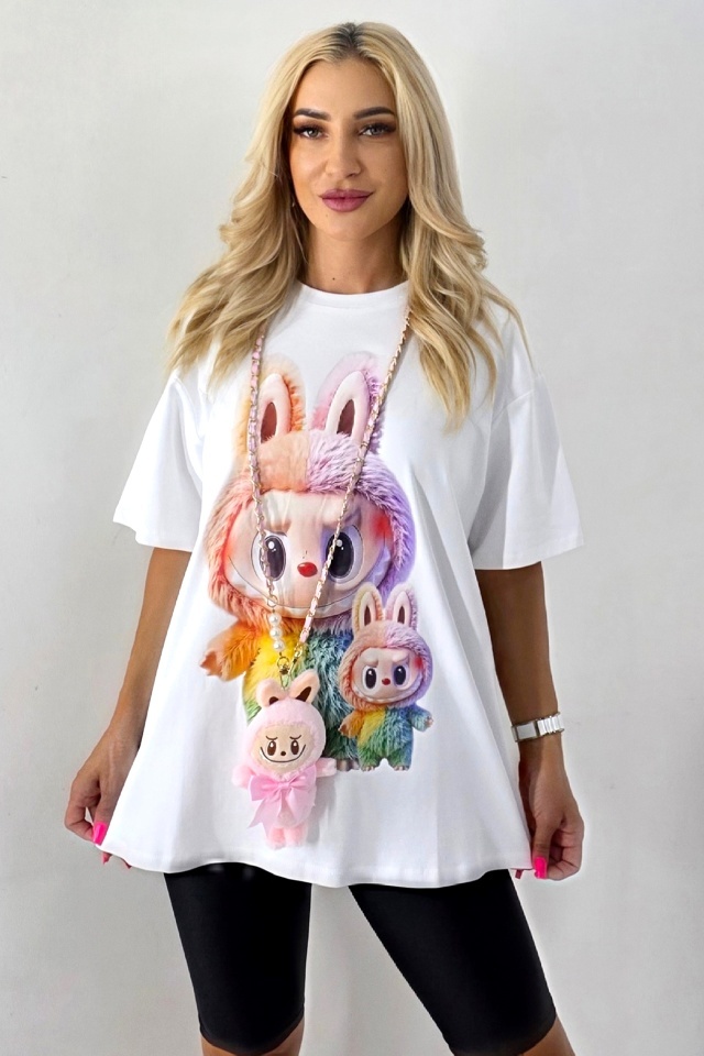 Tricou dama print realist BuBu TOY si colier jucarie plus, Alb, Marime S/M/L
