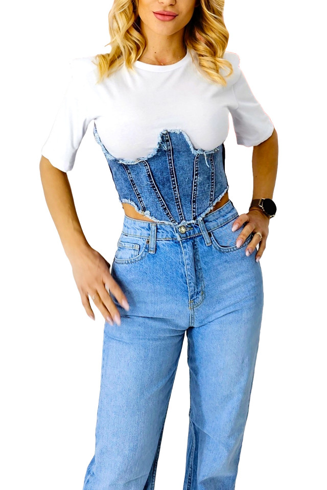 Tricou din bumbac tip bustiera, Khena, cu panou din denim si umeri evidentiati, Alb