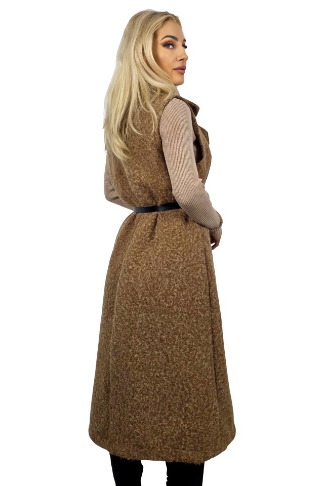 Vesta lunga de dama SILVANA, cu brosa si curea incluse, Maro, Marime S/M/L