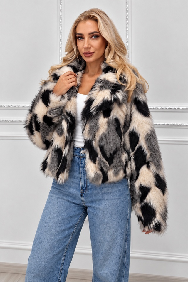 Blana animal print Ysolde din blana ecologica, cu interior satinat, Crem, Marime S/M — imaginea 4