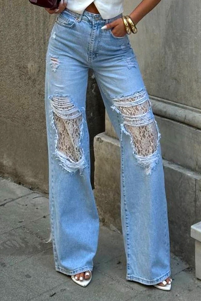 Blugi dama KUMBA, croiala wide leg palazzo cu dantela si perforatii, Albastru