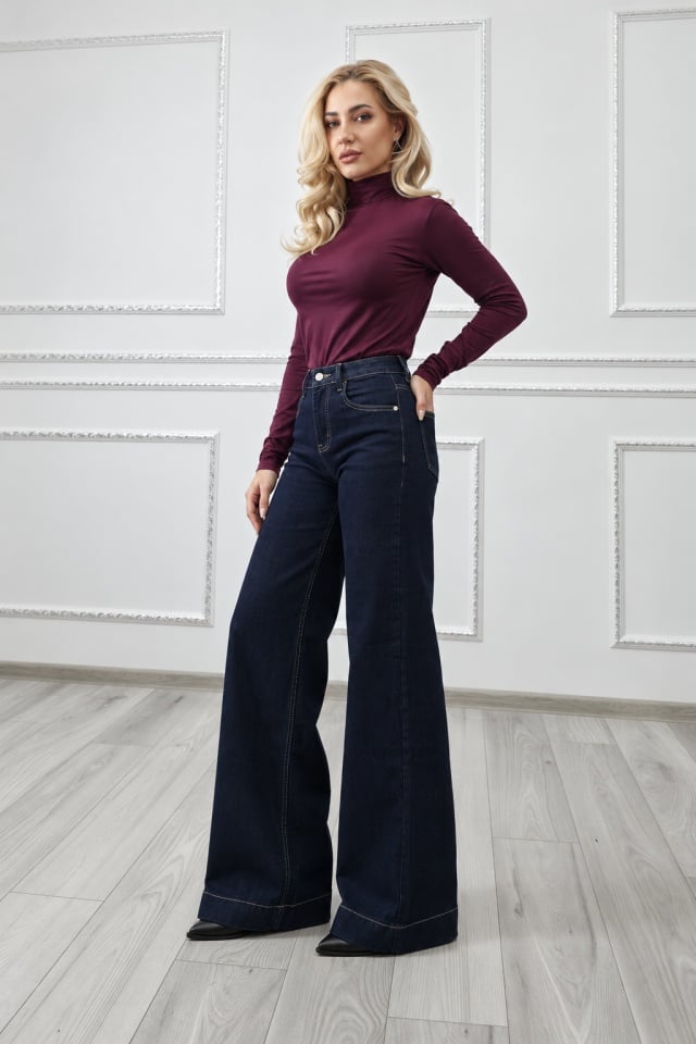 Blugi dama LYSENIA wide leg, cu talie inalta si croi larg, Albastru inchis — imaginea 4