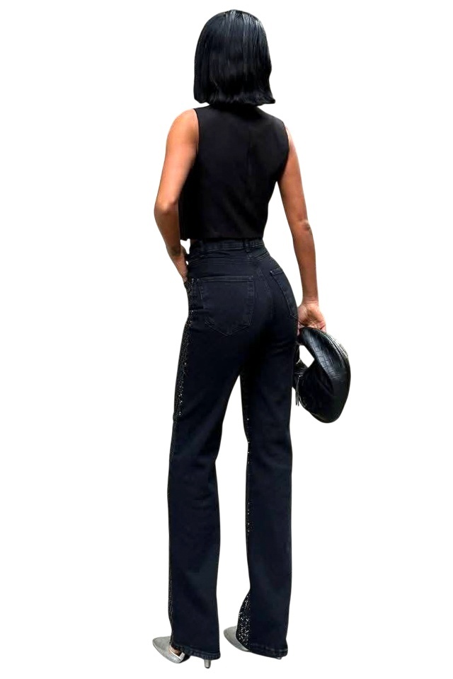 Blugi dama Stone Crystal, croiala wide leg cu elastan si paiete, Negru