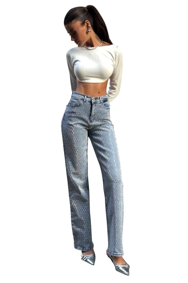 Blugi dama Stone Crystal, croiala wide leg cu elastan si paiete, Albastru zapada