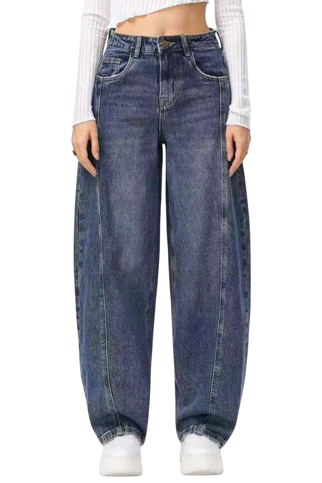 Blugi loose fit BARREL si cusaturi evidentiate, Bleumarin - 2 | YEO