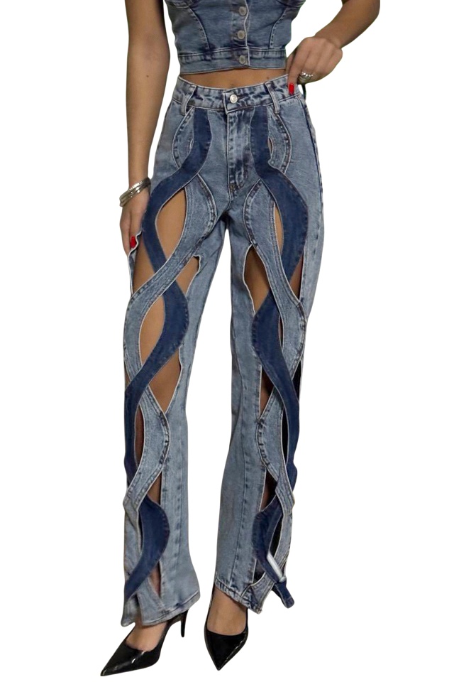 Blugi mom fit decupati Caracas, cu panouri impletite, doua nuante, Albastru
