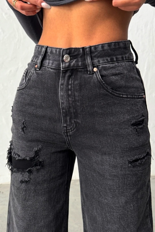 Blugi wide leg cu elastan, MYLANO si perforatii, Negru Antracit