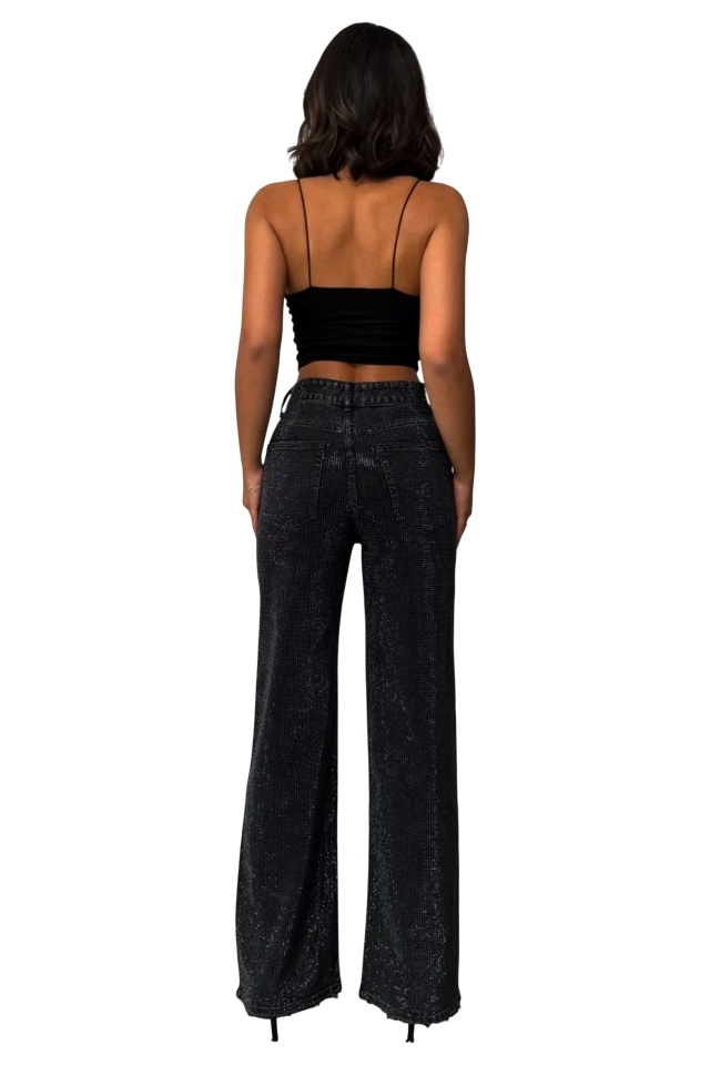 Blugi wide leg cu elastan, MYLANO si strasuri, Negru