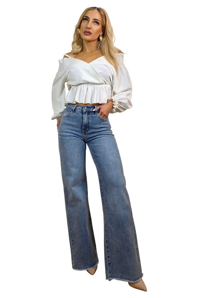 Blugi wide leg evazati Ventura, cu textura elastica, Albastru prespalat