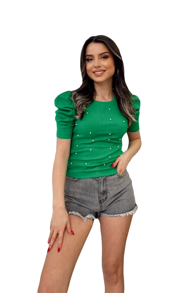 Bluza casual Briana, cu maneca scurta bufanta si perle artizanale aplicate frontal, Verde - 3 | YEO