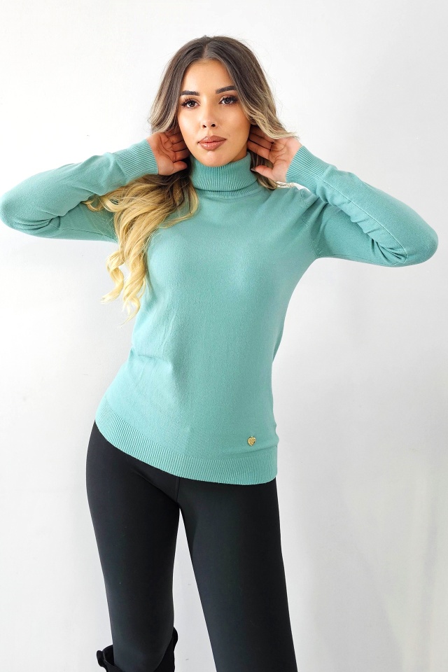 Bluza cu casmir si lana, PATY Roll, guler rulat si accesoriu inima, Verde glaciar, Marime S/M - 2 | YEO