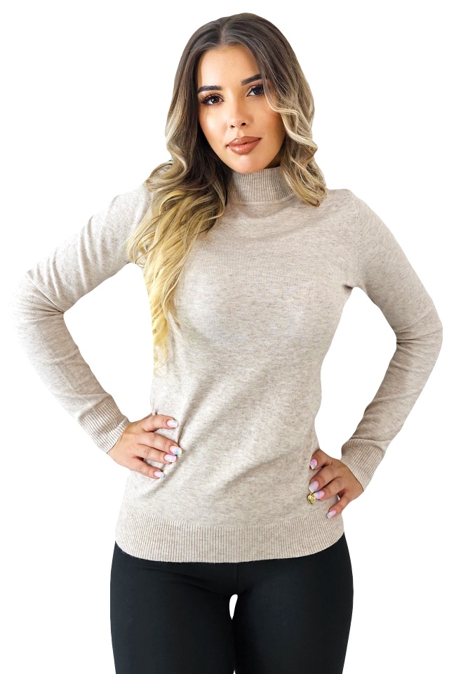 Bluza dama Rona, cu guler inalt si maneca lunga, Latte, Marime S/M