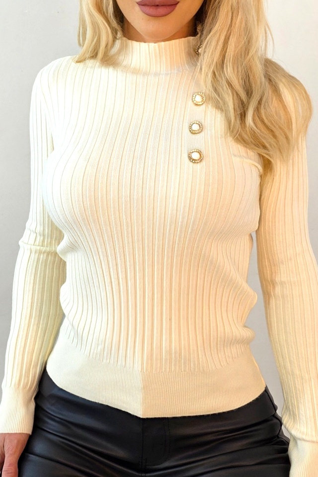 Bluza de dama ELORIA, cu guler inalt si nasturi perlati, Crem