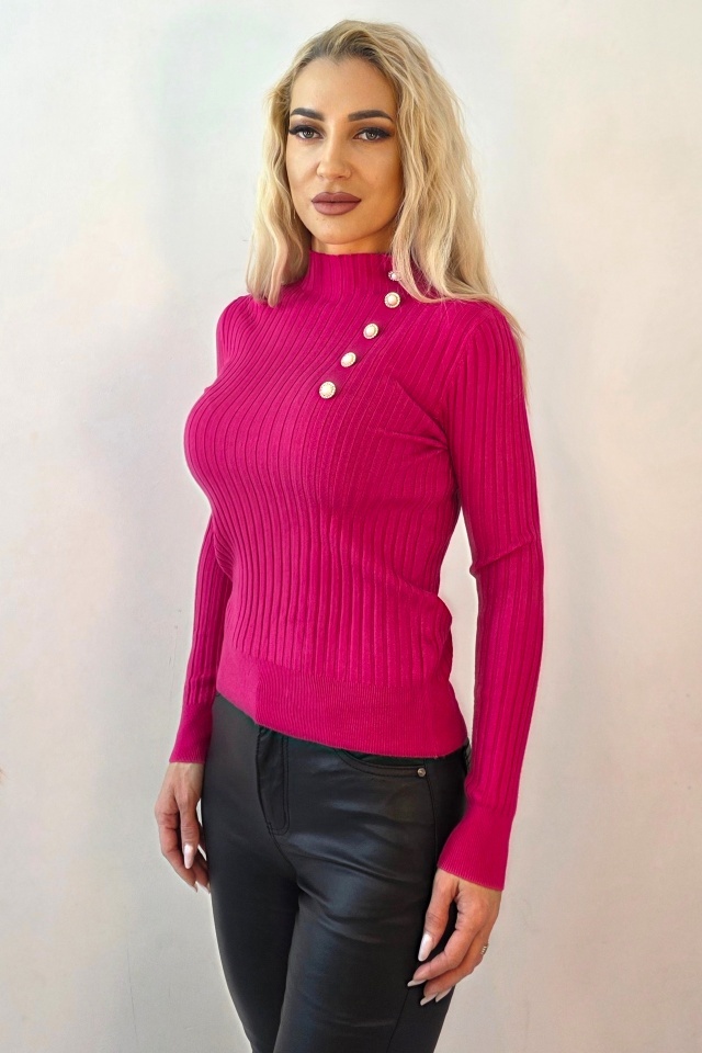 Bluza de dama ELORIA, cu guler inalt si nasturi perlati, Fucsia
