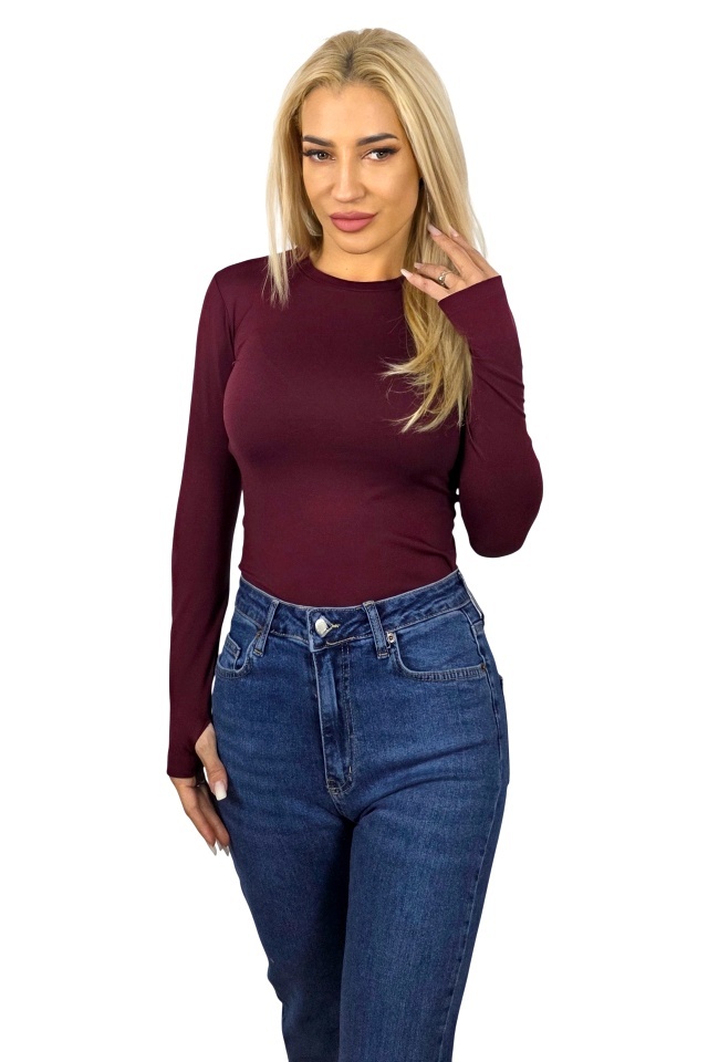 Bluza midi BASIC, cu guler rotund si fenta deget, Burgundy - 2 | YEO
