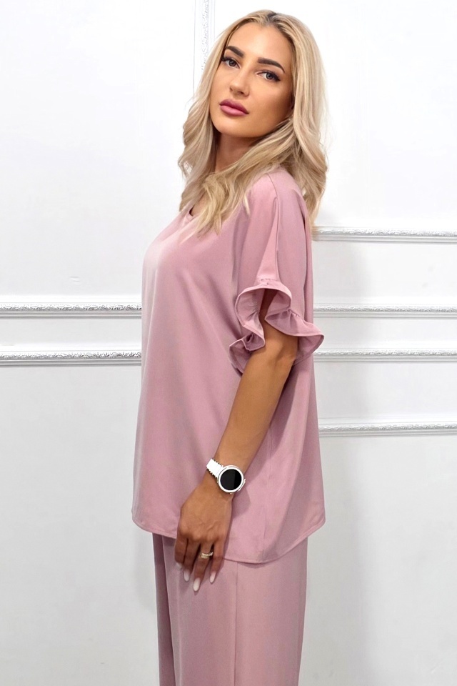 Bluza vaporoasa NORYA, cu maneca scurta si volane, Roz pudrat - 3 | YEO