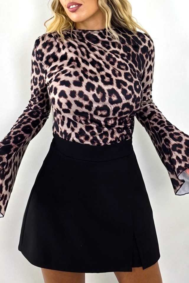 Body elegant animal print leopard, Fiorella, cu maneca evazata, BEJ - 3 | YEO