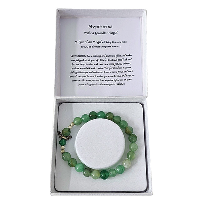 Brățară Amethyst Aventurine, din pietre semiprețioase și charm cu aripi de inger, in cutie cadou, Verde - 1 | YEO