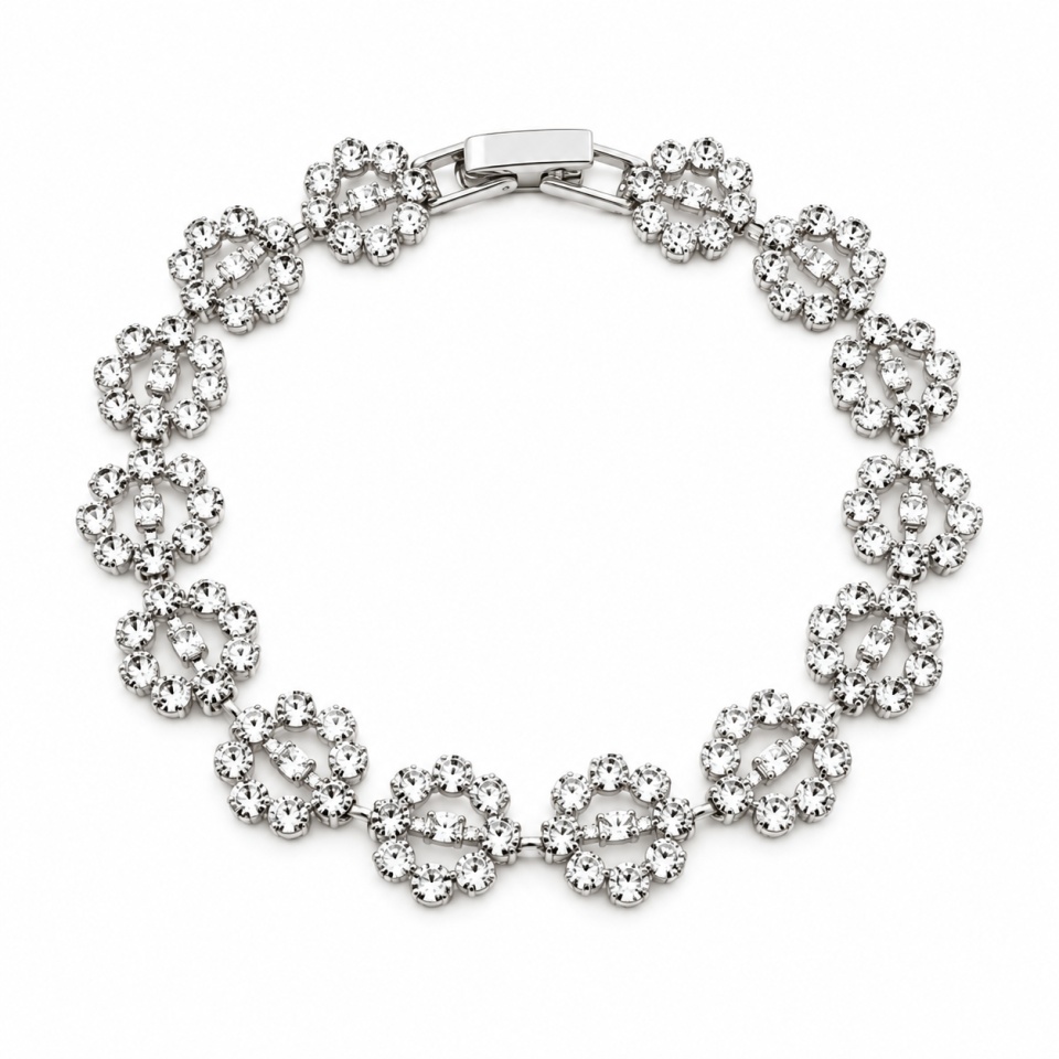 Bratara eleganta argintie cu zale florale decorate cu cristale stralucitoare, in cutie cadou