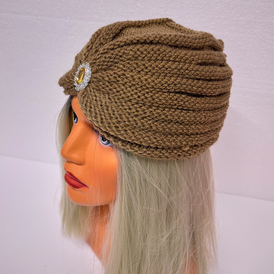 Caciula dama tip turban, NIDEH, cu brosa si textura tricotata, Maro - 3 | YEO