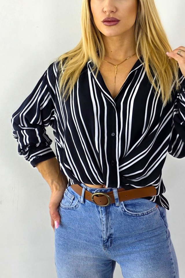 Camasa dama LOVINA, cu dungi si nod wrap, Negru/Alb - 3 | YEO