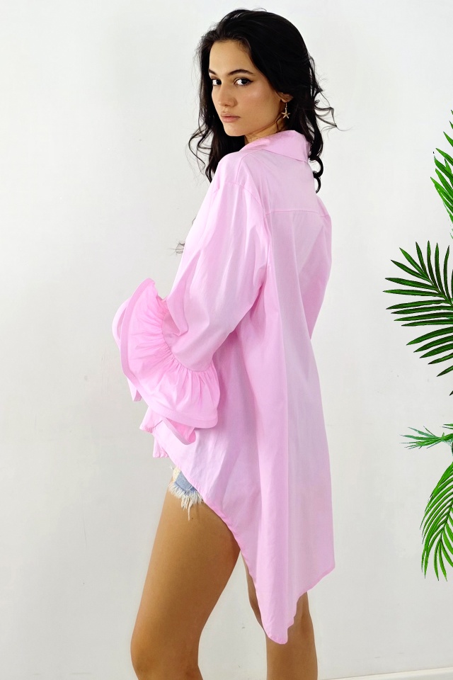 Camasa de ocazie Sugar LoLLy, cu volane si croi supradimensionat, Roz, Marime S/M/L - 1 | YEO