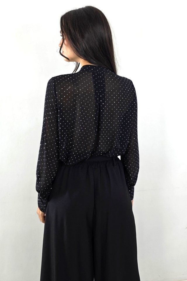 Camasa eleganta cu volane, Daliah si imprimeu buline, Negru, Marime S/M - 1 | YEO