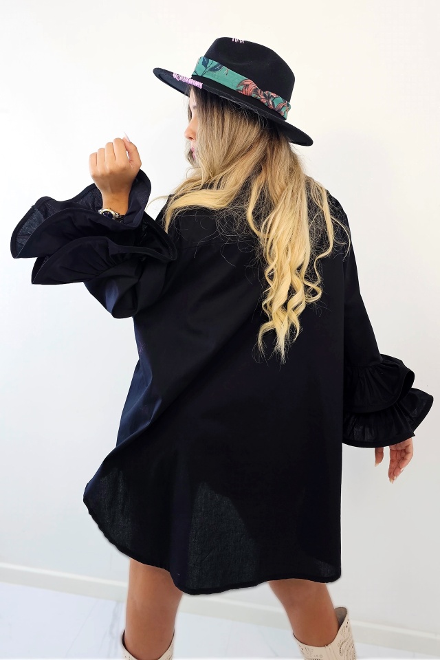 Camasa eleganta Sugar LoLLy, maneci cu volane si croi supradimensionat, Negru, Marime S/M/L - 1 | YEO