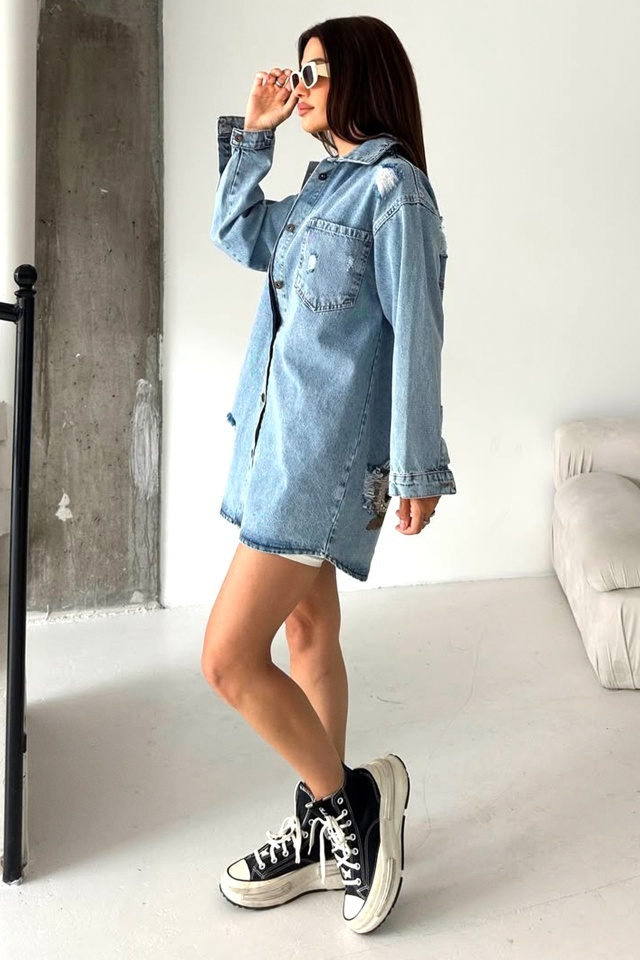 Camasa lunga denim perforat Tunik, imprimeu cu grafica realista si cromatica dinamica, HeLLo La BUBU - 3 | YEO