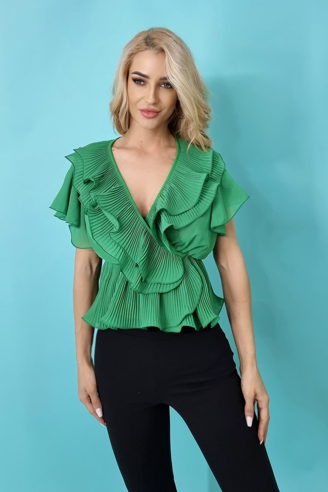 Camasa Sasha, cu volane si maneca scurta, Verde, Marime universala S/M - 2 | YEO