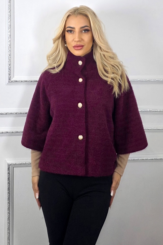 Capă cu maneca trei sferturi, VORRA si butoni perla, Burgundy, Marime S/M - 3 | YEO