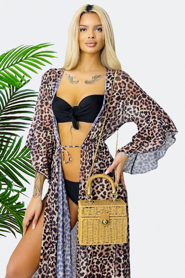 Cardigan de plaja LEXA, cu maneca evazata si snur in talie, animal print Leopard