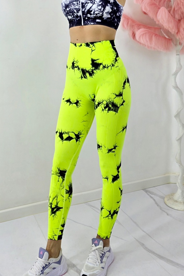 Colanti fitness cu nervuri, Kabyn, push up si banda talie, Galben Neon-Negru - 3 | YEO