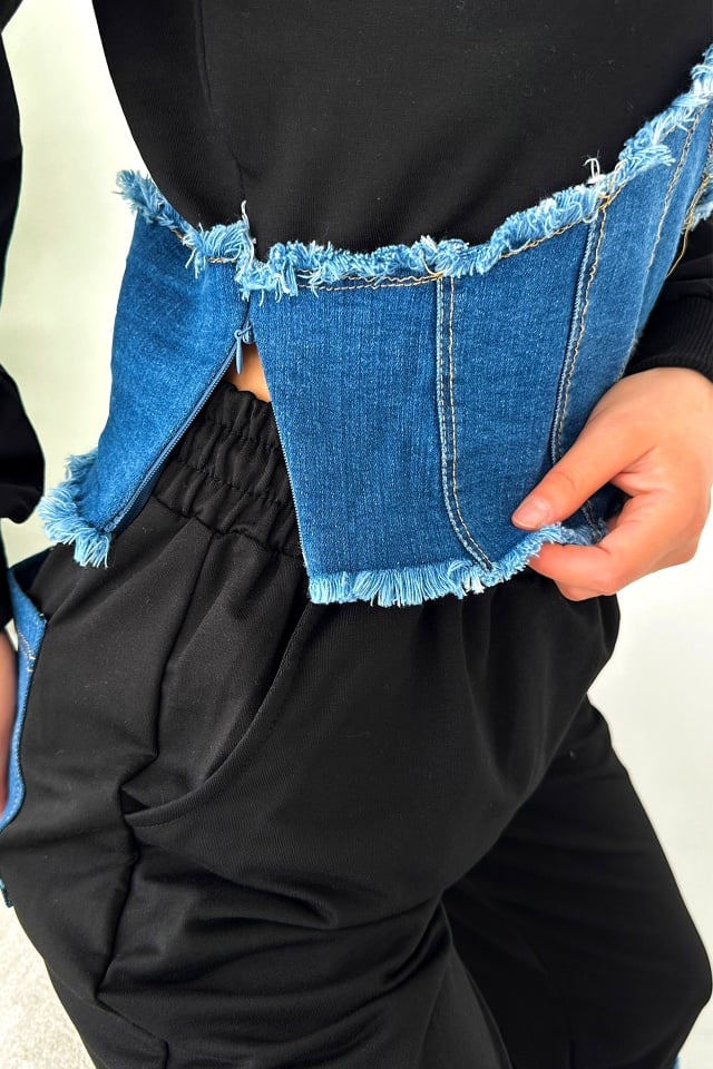 Compleu bumbac si denim Sandra, pantaloni si hanorac cu fermoar lateral, Negru - 2 | YEO