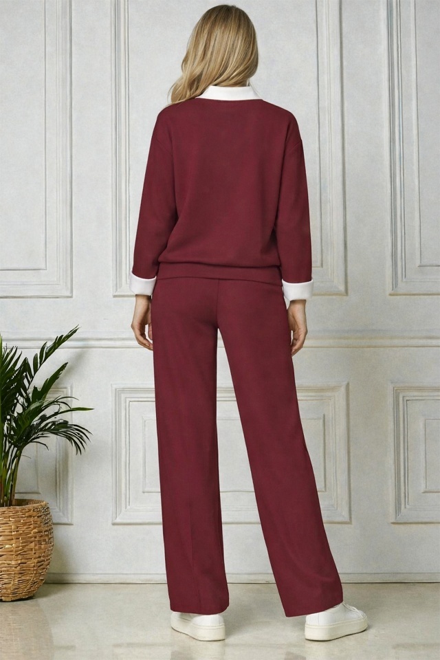 Compleu casual ALYA, cu bluza tip camasa si pantaloni lejeri cu snur, Burgundy, Marime S/M/L
