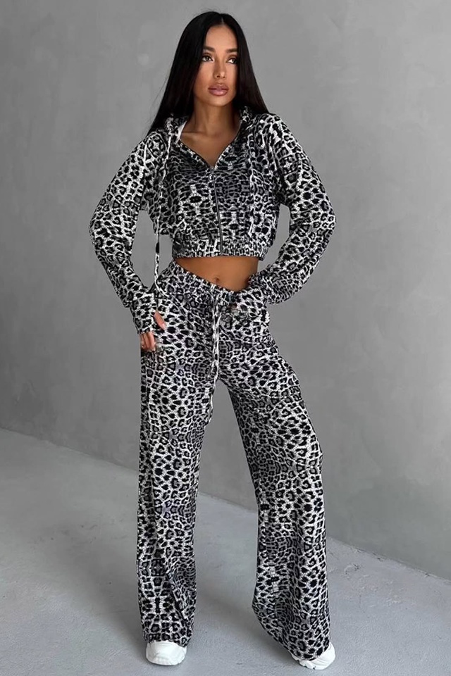 Compleu casual catifea, Savage, pantaloni largi si hanorac cu fermoar, Negru Leopard