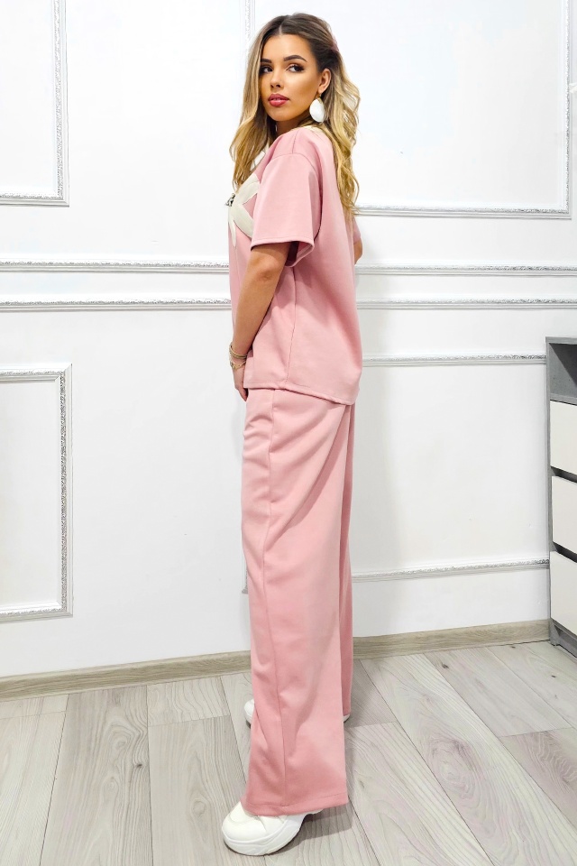 Compleu casual CRYSSA, bluza oversize cu accesoriu in relief si pantaloni lungi, Roz, Marime S/M/L - 3 | YEO