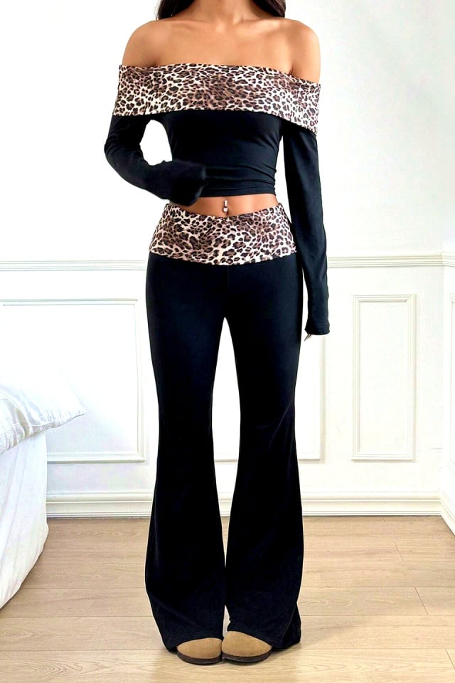 Compleu casual pentru femei MUZA, cu umerii goi si pantaloni evazati, Animal Print Negru-Leopard - 3 | YEO