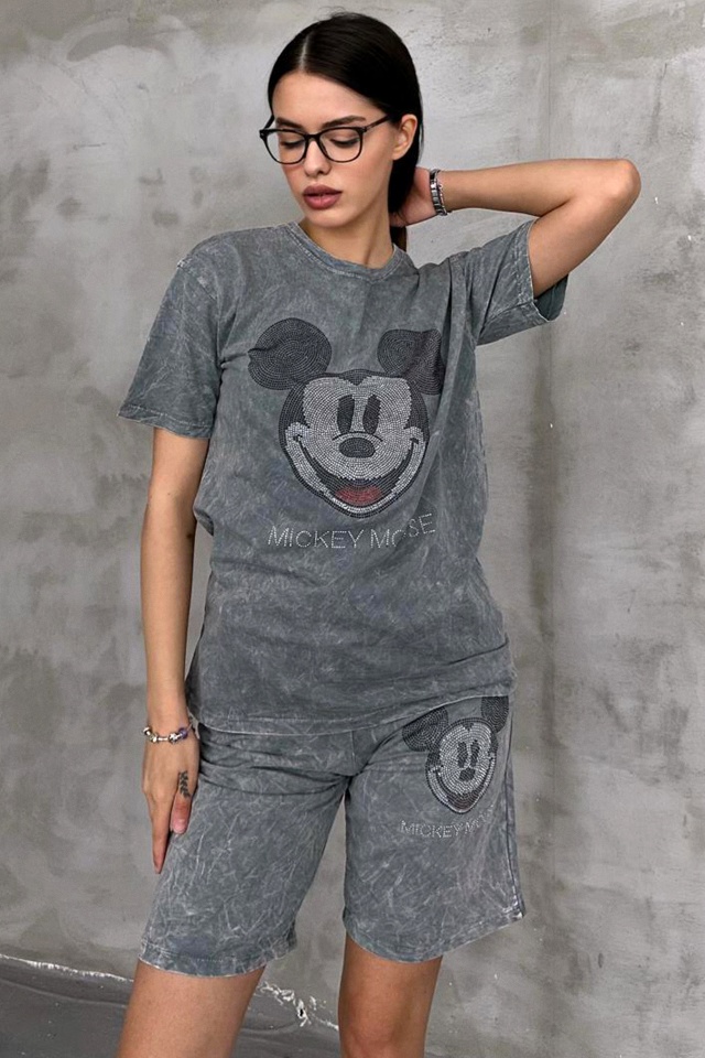 Compleu casual RUDY, pantaloni scurti si tricou cu paiete, Gri Mickey - 3 | YEO