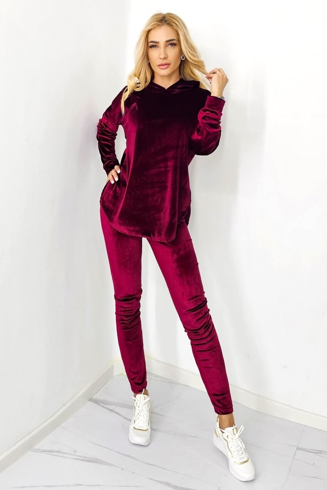 Compleu casual, Zoya, din catifea, cu pantaloni slim si bluza cu gluga, Burgundy - 3 | YEO