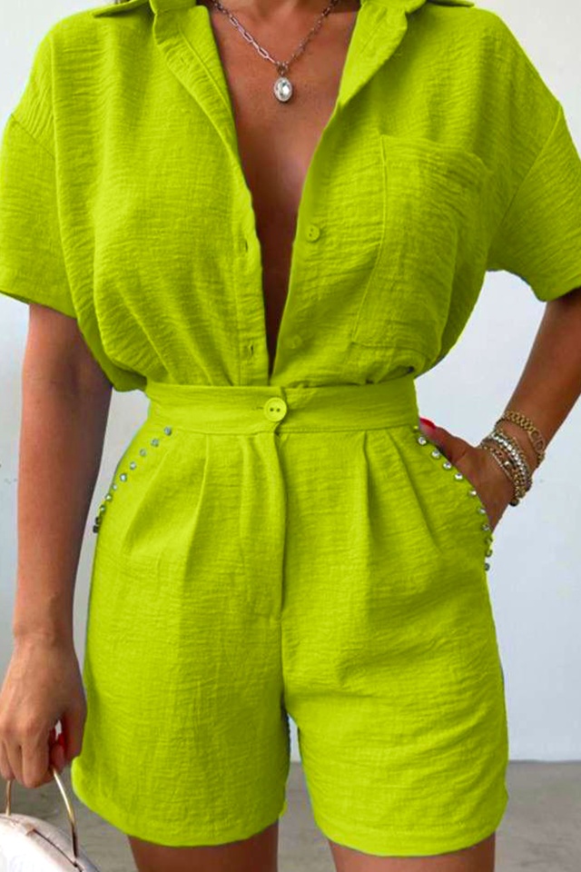Compleu cu bumbac creponat, Jolin, camasa si pantaloni scurti cu pense, Verde olive - 3 | YEO