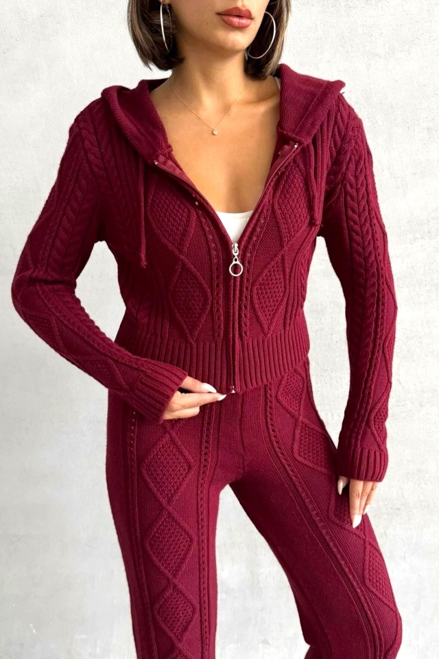 Compleu cu nervuri in relief, TOREN, pantaloni tricot si bluza scurta, Bordo, Marime S/M - 3 | YEO