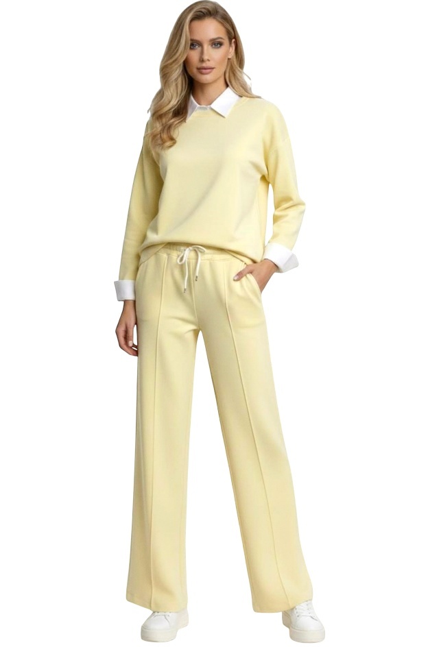 Compleu dama ALYA, cu bluza tip camasa si pantaloni lejeri cu snur, Galben, Marime S/M/L