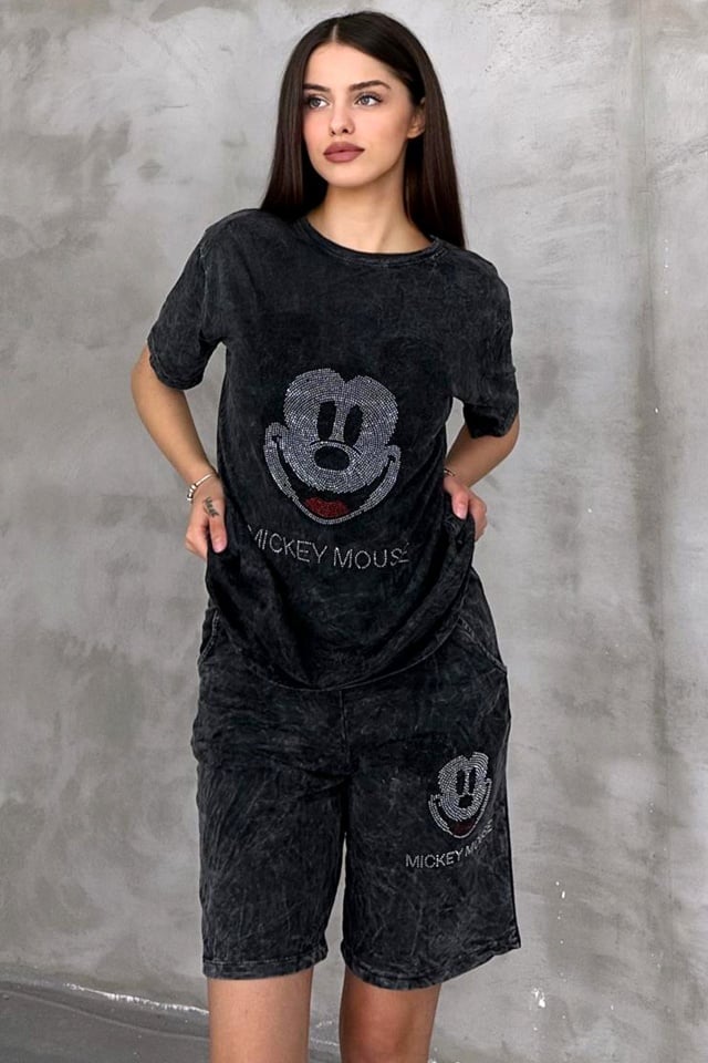 Compleu de dama RUDY, pantaloni scurti si tricou cu paiete, Negru Mickey