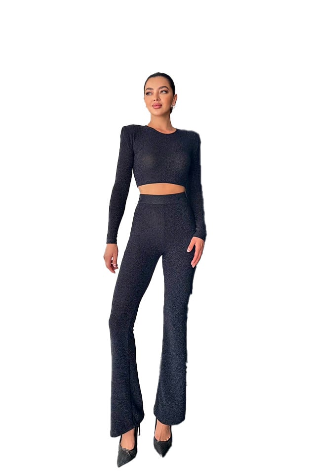 Compleu de ocazie, Vayana, bluza crop cu umeri supradimensionati si pantaloni evazati, Negru - 3 | YEO