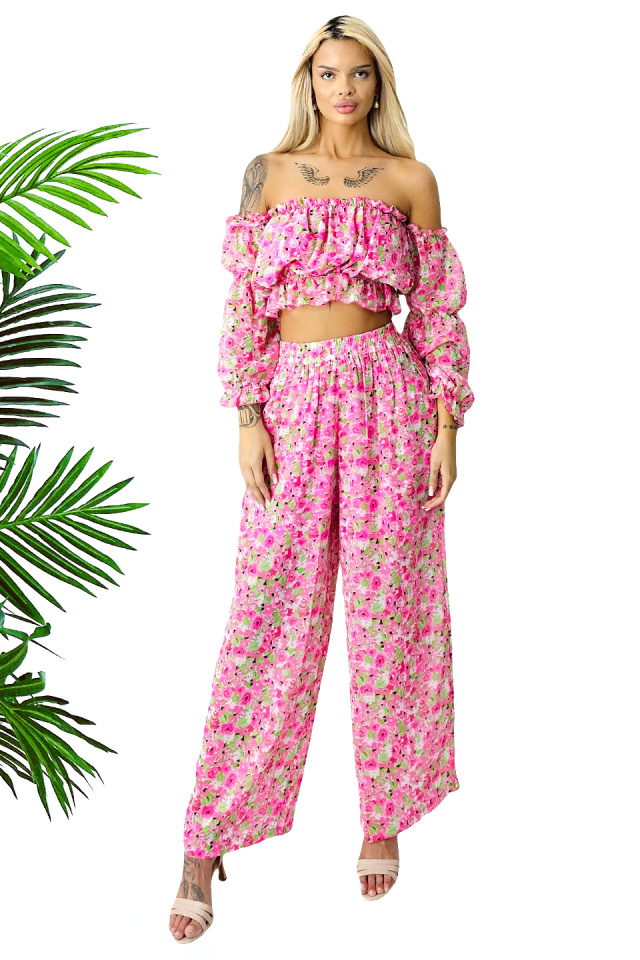 Compleu de vara Bouquet, pantaloni lejeri si camasa cu volane, Roz, Marimea S/M/L