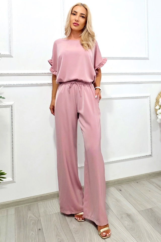 Compleu elegant de vara NORYA, pantaloni lejeri cu bluza si volane, Roz prafuit - 2 | YEO