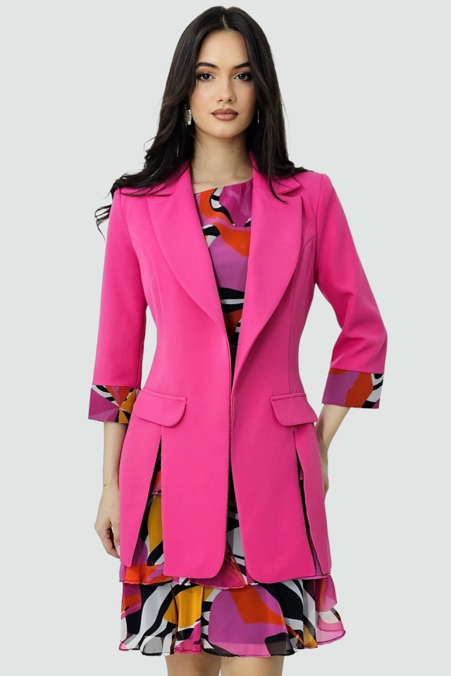 Compleu elegant Naryn, din doua piese, cu sacou cambrat si rochie din vascoza, Fucsia